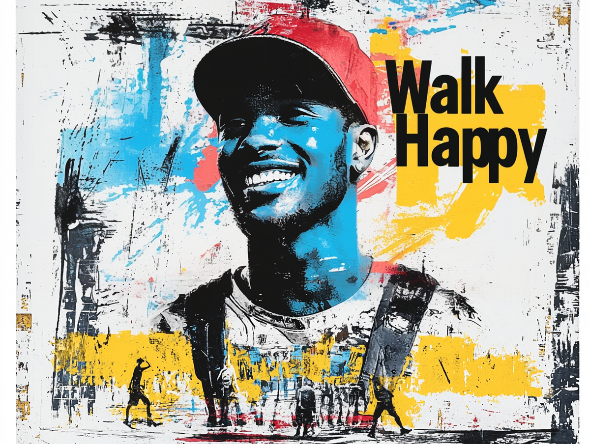 Street art-inspired graphic featuring a joyful man wearing a red cap against a textured backdrop of vibrant blues, yellows, and whites. The bold black text 'Walk Happy' is displayed to the right, conveying an uplifting and motivational message.