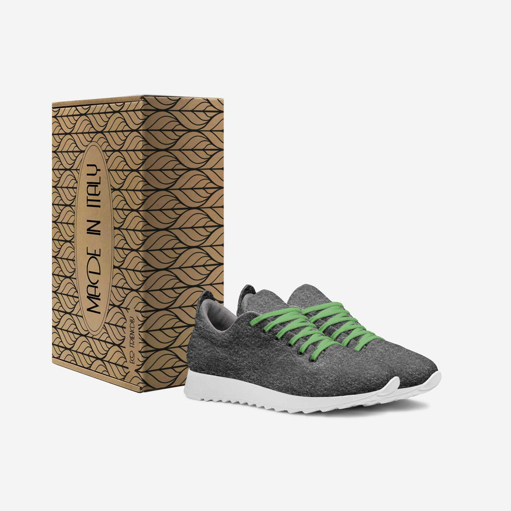 Eco-friendly, vegan 'Align' sneakers with a gray textured upper and green laces, paired with a eco-friendly box, showcasing sustainable luxury.