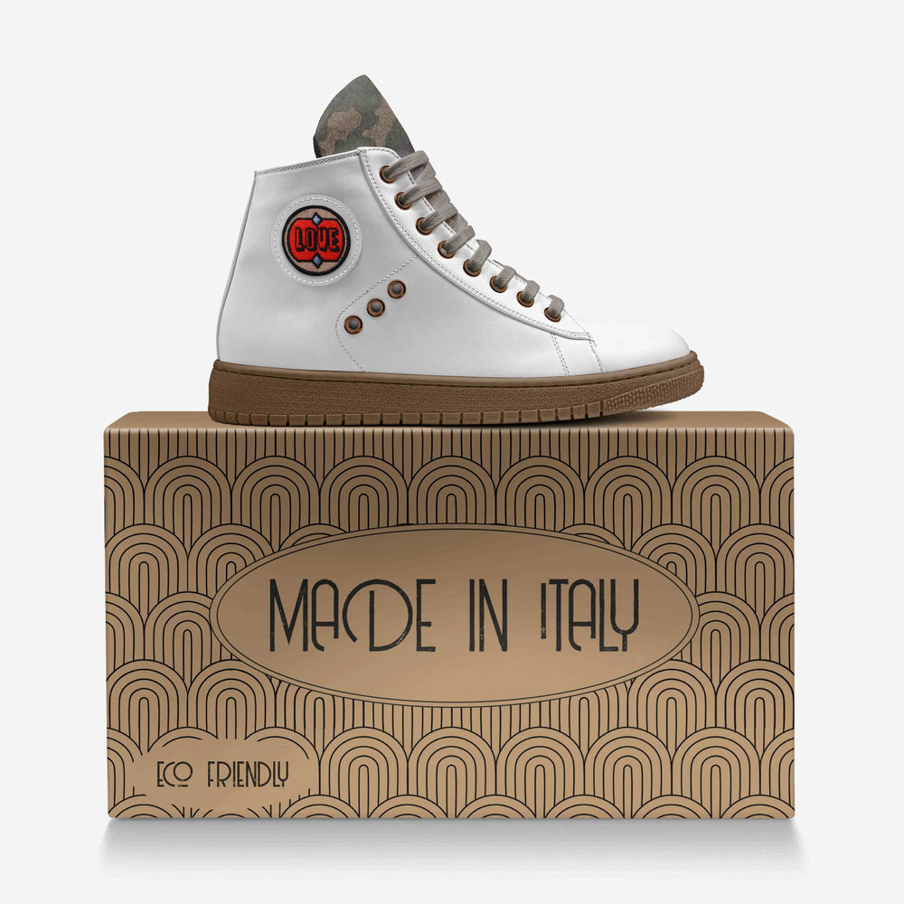 Vegan 'Breathe' high-top sneakers in clean white, featuring a bold red 'Love' patch and metallic accents for a sustainable fashion statement.