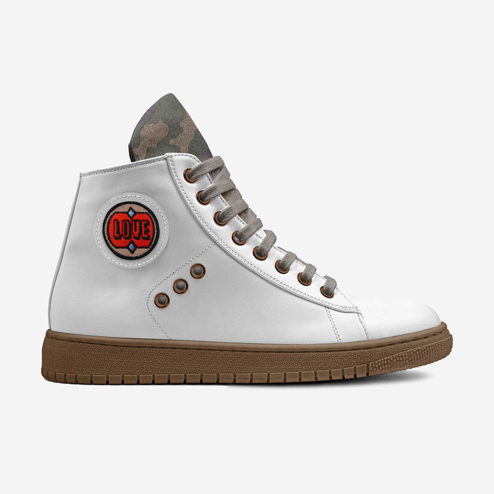 Vegan 'Breathe' high-top sneakers in clean white, featuring a bold red 'Love' patch and metallic accents for a sustainable fashion statement.