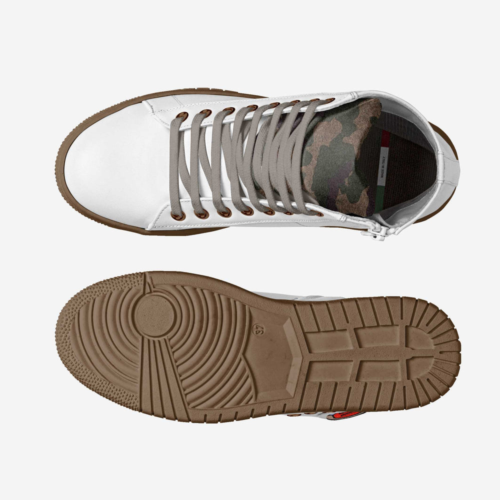 Vegan 'Breathe' high-top sneakers in clean white, featuring a bold red 'Love' patch and metallic accents for a sustainable fashion statement.