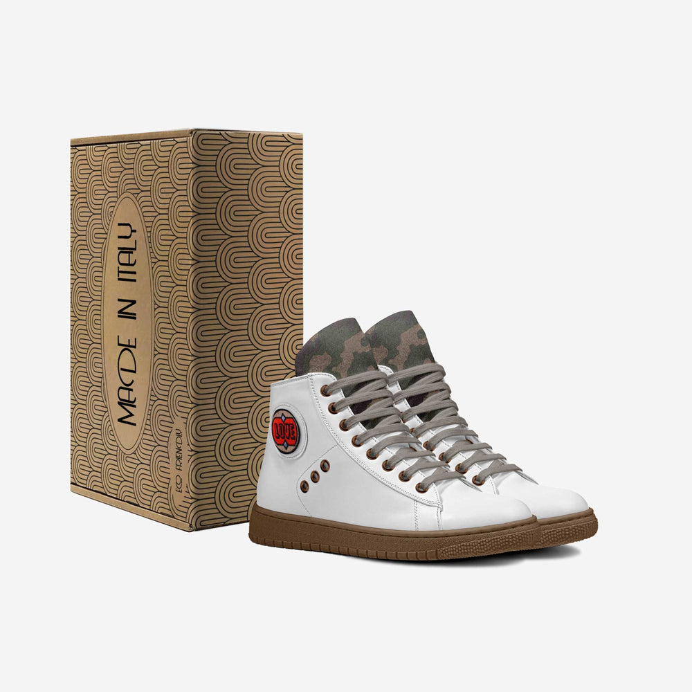 Vegan 'Breathe' high-top sneakers in clean white, featuring a bold red 'Love' patch and metallic accents for a sustainable fashion statement.