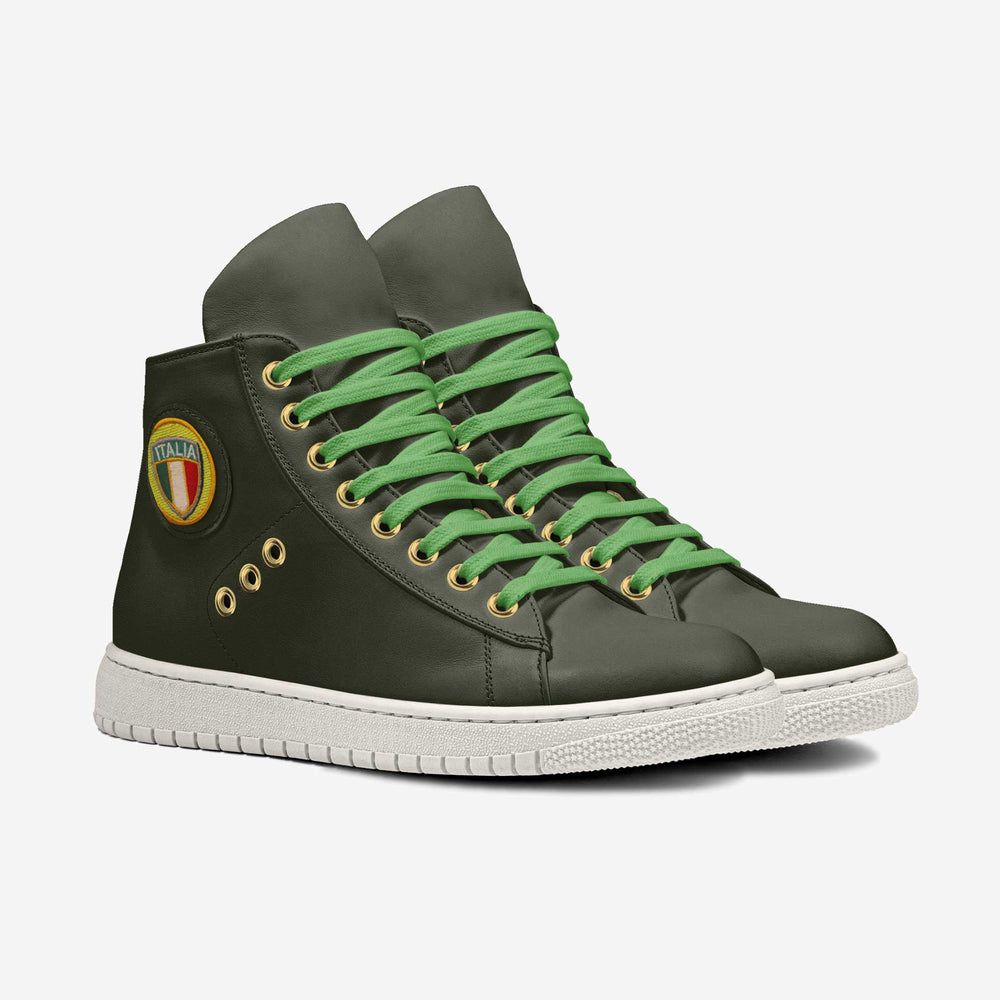 Eco-friendly 'Eco' high-top sneakers in olive green with a retro Italian shield patch, crafted from vegan materials for a bold, sustainable look.