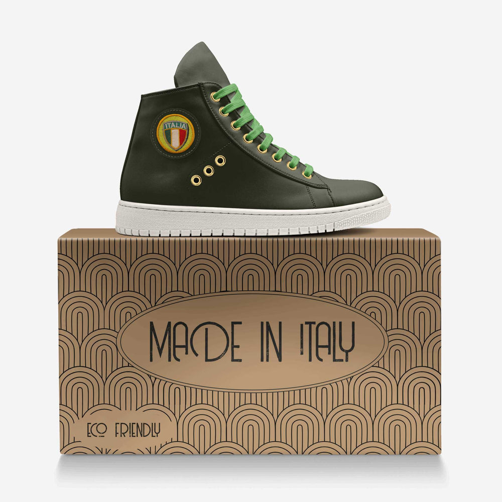 Eco-friendly 'Eco' high-top sneakers in olive green with a retro Italian shield patch, crafted from vegan materials for a bold, sustainable look. With a eco-friendly box. 