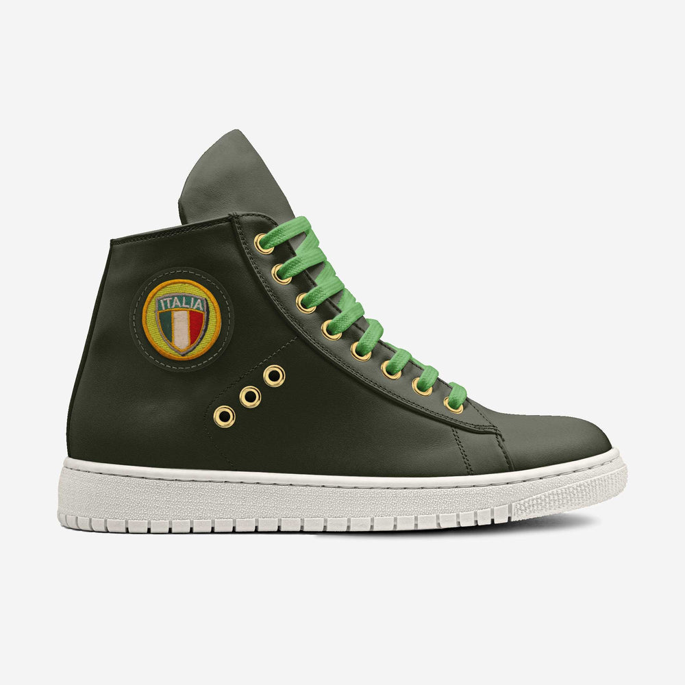 Eco-friendly 'Eco' high-top sneakers in olive green with a retro Italian shield patch, crafted from vegan materials for a bold, sustainable look.