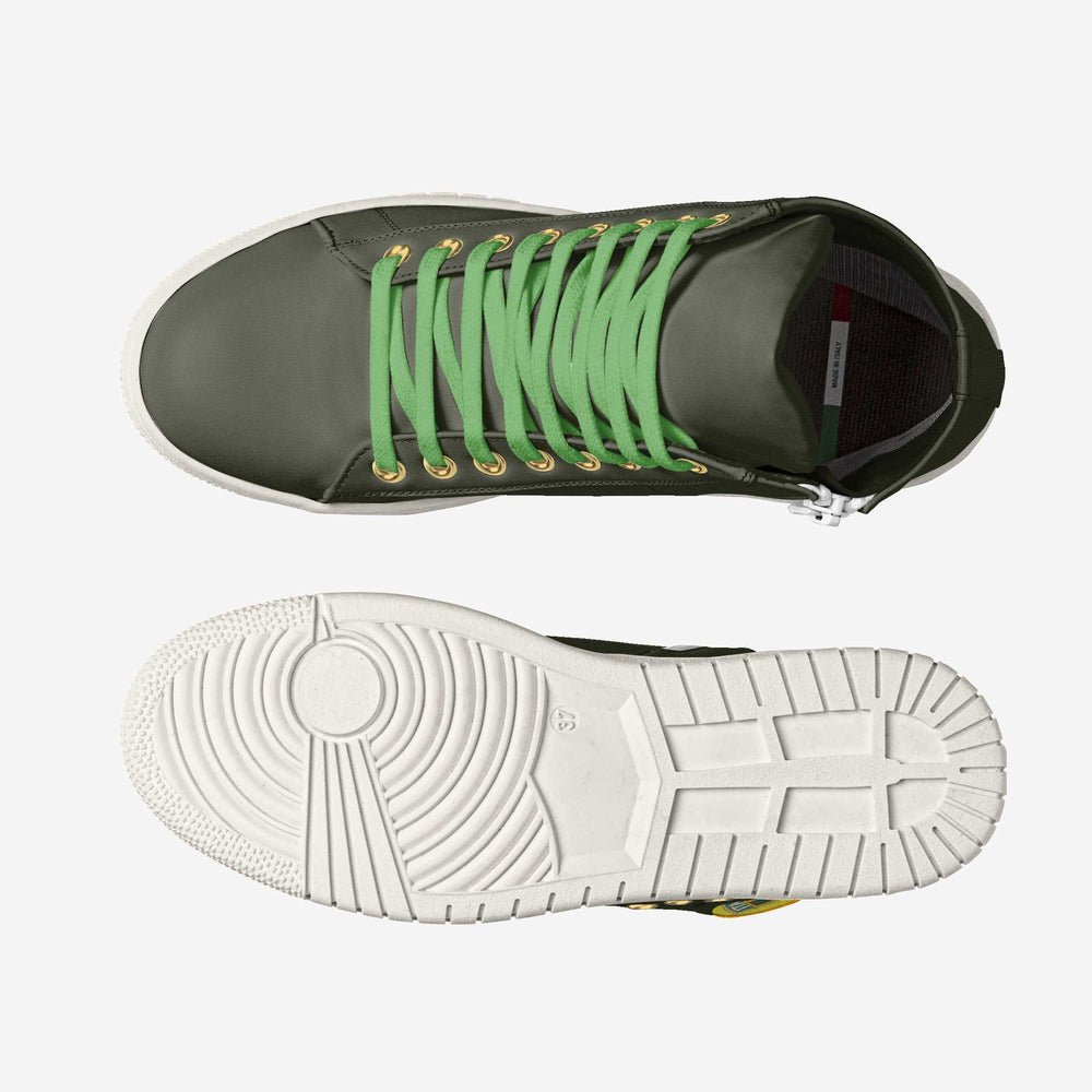 Eco-friendly 'Eco' high-top sneakers in olive green with a retro Italian shield patch, crafted from vegan materials for a bold, sustainable look.