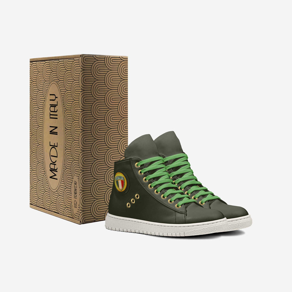 Eco-friendly 'Eco' high-top sneakers in olive green with a retro Italian shield patch, crafted from vegan materials for a bold, sustainable look. With a eco-friendly box. 
