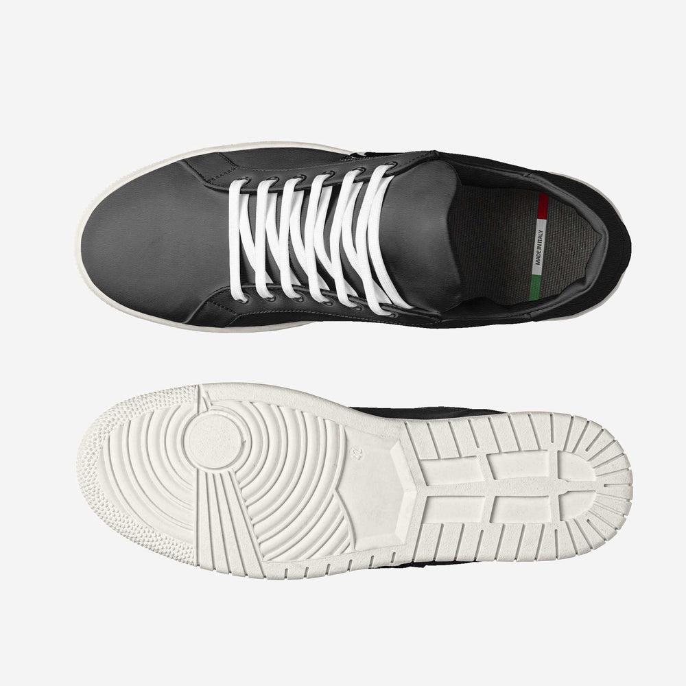 Vegan 'Gravity' sneakers in sleek low-top black, featuring a Yin-Yang patch on the side, blending eco-conscious materials with symbolic design.