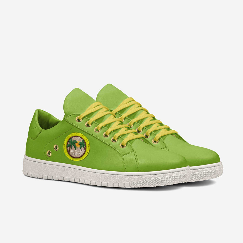 Sustainable 'Lumen' sneakers in vibrant green with yellow laces and a palm tree patch, crafted from vegan materials for eco-friendly fashion.