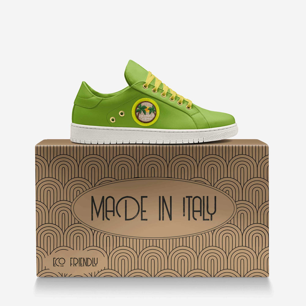 Sustainable 'Lumen' sneakers in vibrant green with yellow laces and a palm tree patch, crafted from vegan materials for eco-friendly fashion.