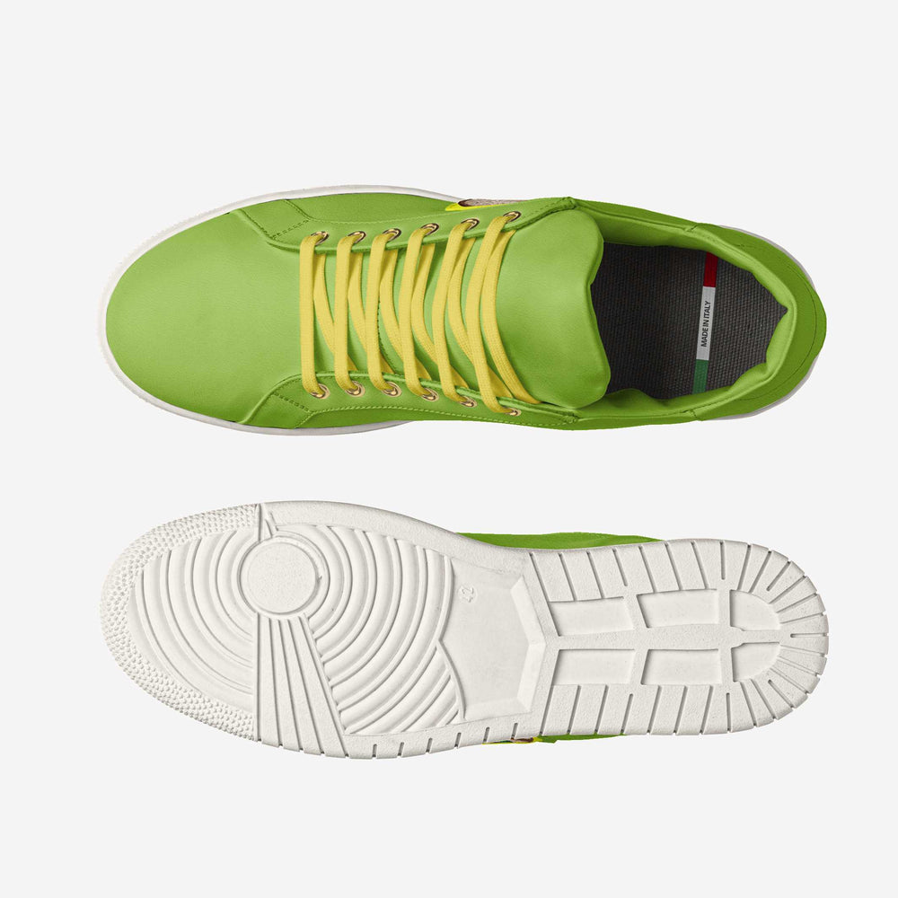 Sustainable 'Lumen' sneakers in vibrant green with yellow laces and a palm tree patch, crafted from vegan materials for eco-friendly fashion.
