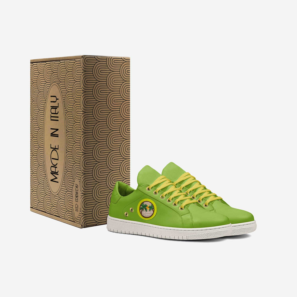 Sustainable 'Lumen' sneakers in vibrant green with yellow laces and a palm tree patch, crafted from vegan materials for eco-friendly fashion.