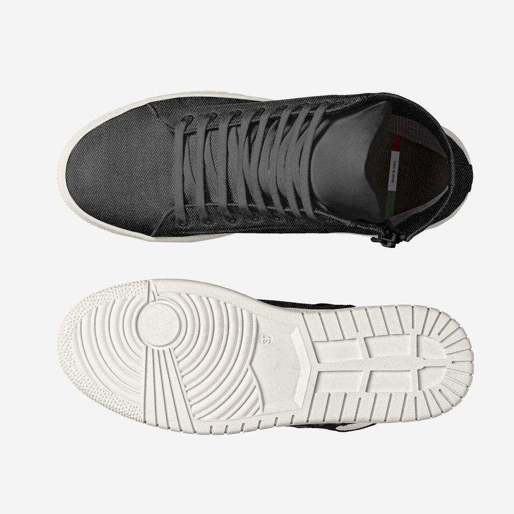 Vegan 'Nova' high-top sneakers in black denim fabric, featuring a circular yin and yang patch and black laces, designed for sustainable style and comfort.