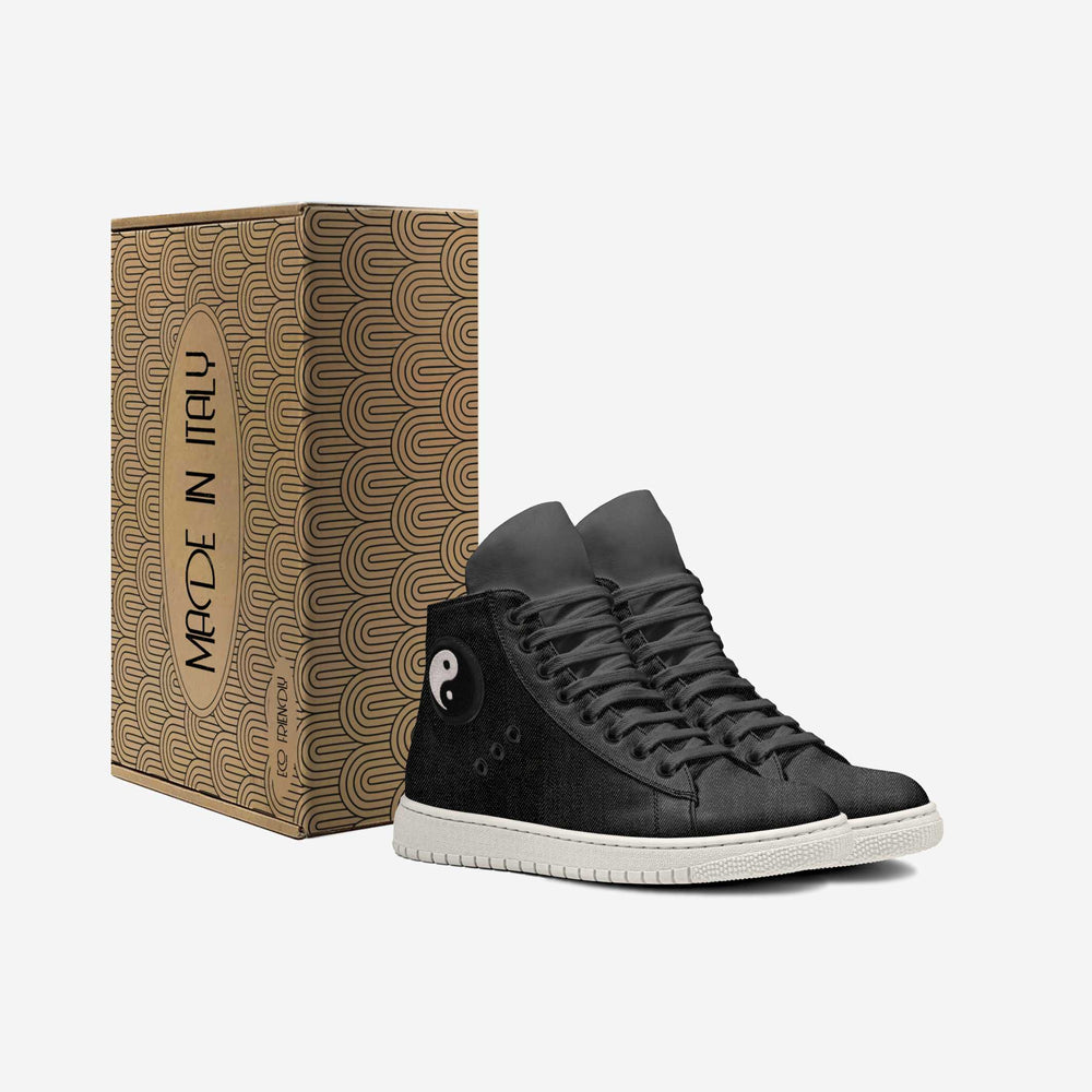 Vegan 'Nova' high-top sneakers in black denim fabric, featuring a circular yin and yang patch and black laces, designed for sustainable style and comfort. Featured with an eco-friendly box.