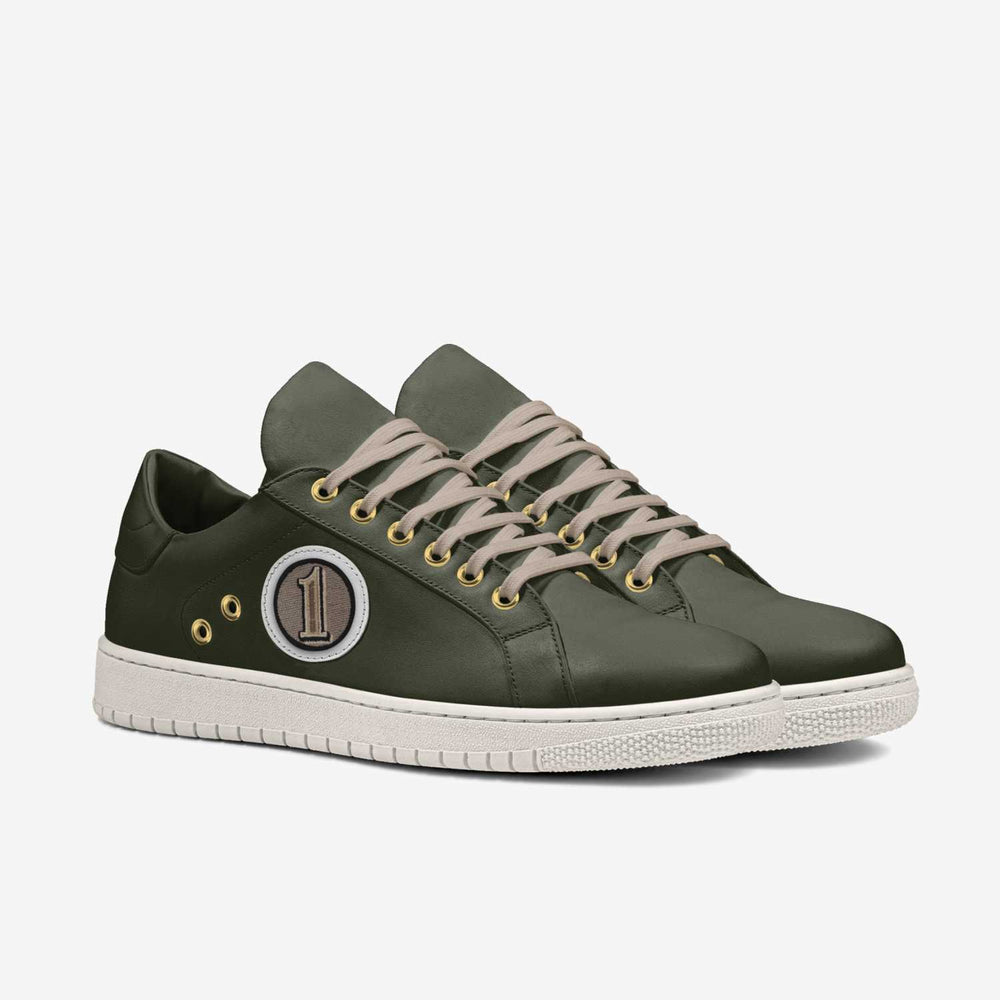 Sustainable 'Orbit' sneakers in olive green, paired with leopard print socks, delivering eco-conscious style with a standout number 1 patch.