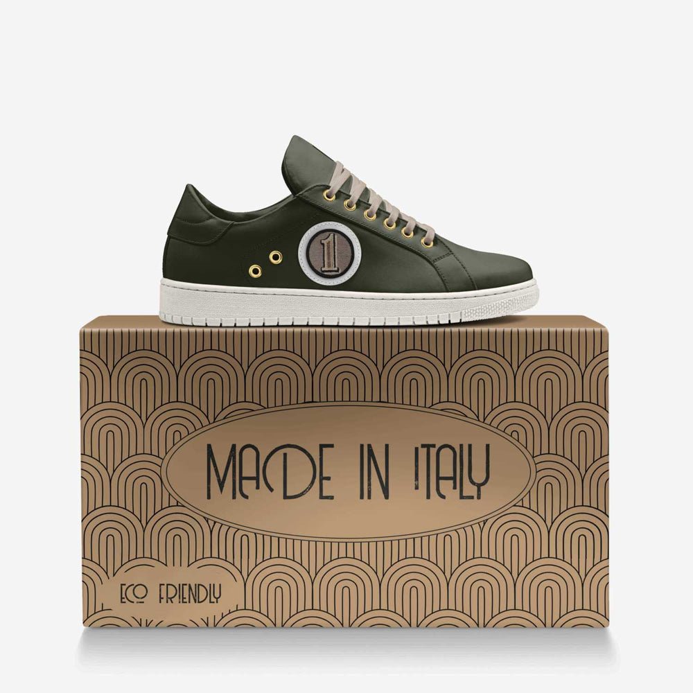 Sustainable 'Orbit' sneakers in olive green, paired with an eco-friendly box, delivering eco-conscious style with a standout number 1 patch.