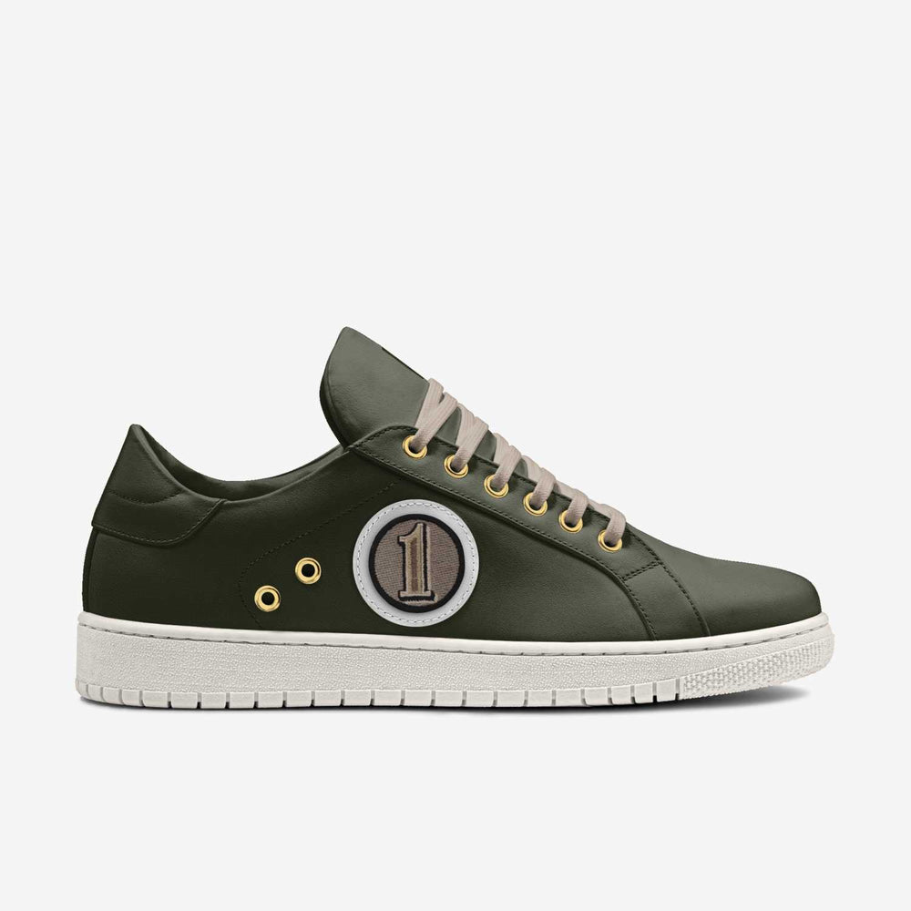 Sustainable 'Orbit' sneakers in olive green delivering eco-conscious style with a standout number 1 patch.