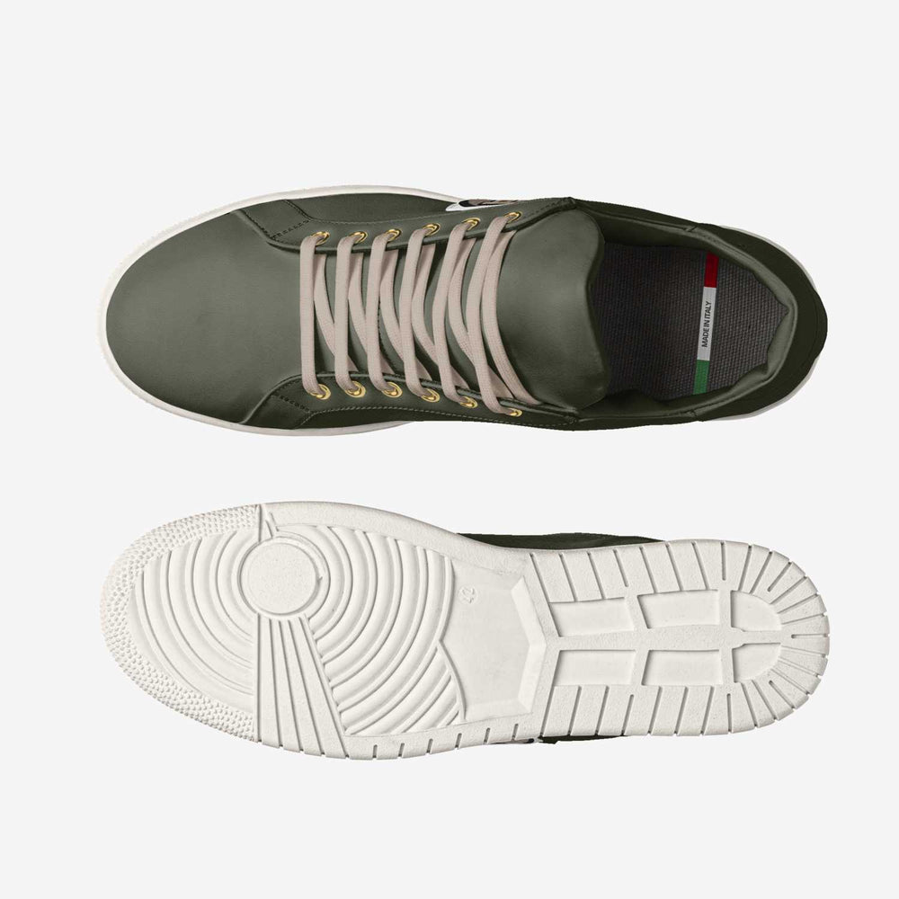 Sustainable 'Orbit' sneakers in olive green, paired with leopard print socks, delivering eco-conscious style with a standout number 1 patch.