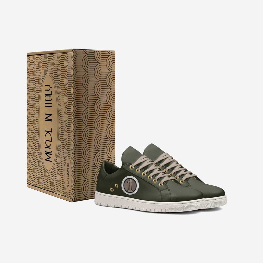Sustainable 'Orbit' sneakers in olive green, paired with an eco-friendly box, delivering eco-conscious style with a standout number 1 patch.