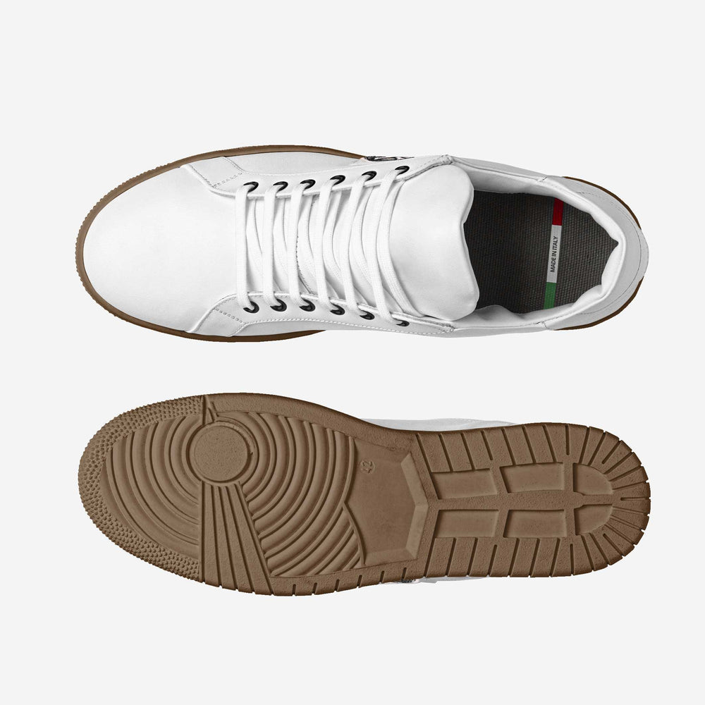 Eco-friendly 'Stride' sneakers with a classic white upper and striking skull patch, crafted from cruelty-free materials for an edgy, conscious look.