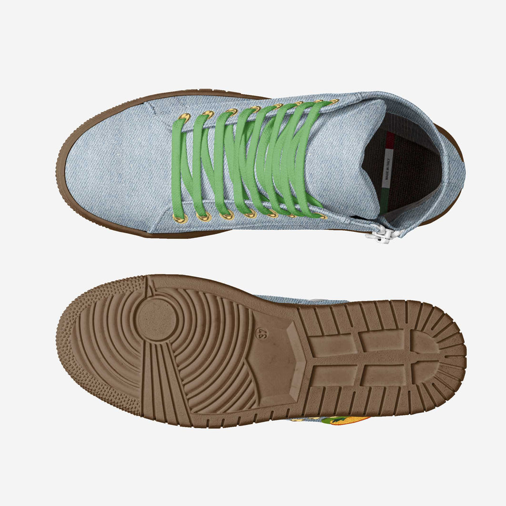 Sustainable 'Wave' high-top sneakers in denim fabric with a vibrant pineapple patch, featuring green laces and gold eyelets for eco-conscious style.