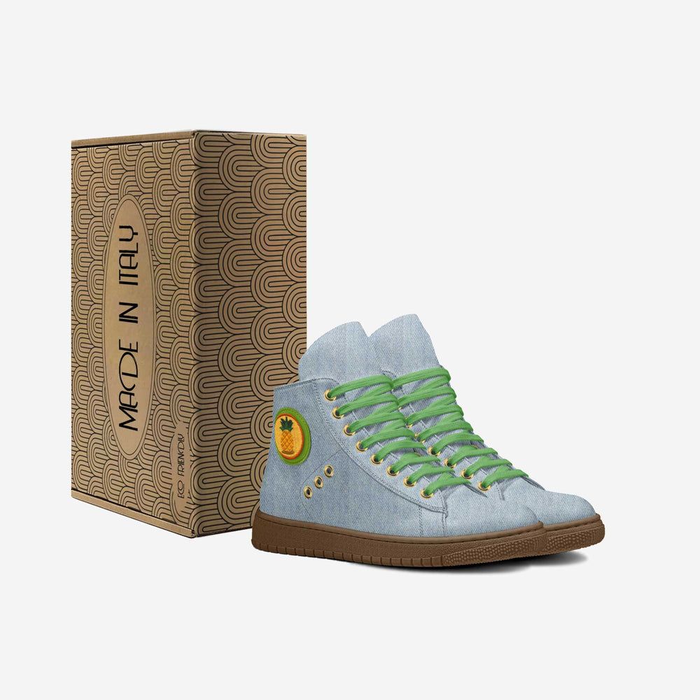 Sustainable 'Wave' high-top sneakers in denim fabric with a vibrant pineapple patch, featuring green laces and gold eyelets for eco-conscious style with a eco-friendly box. 